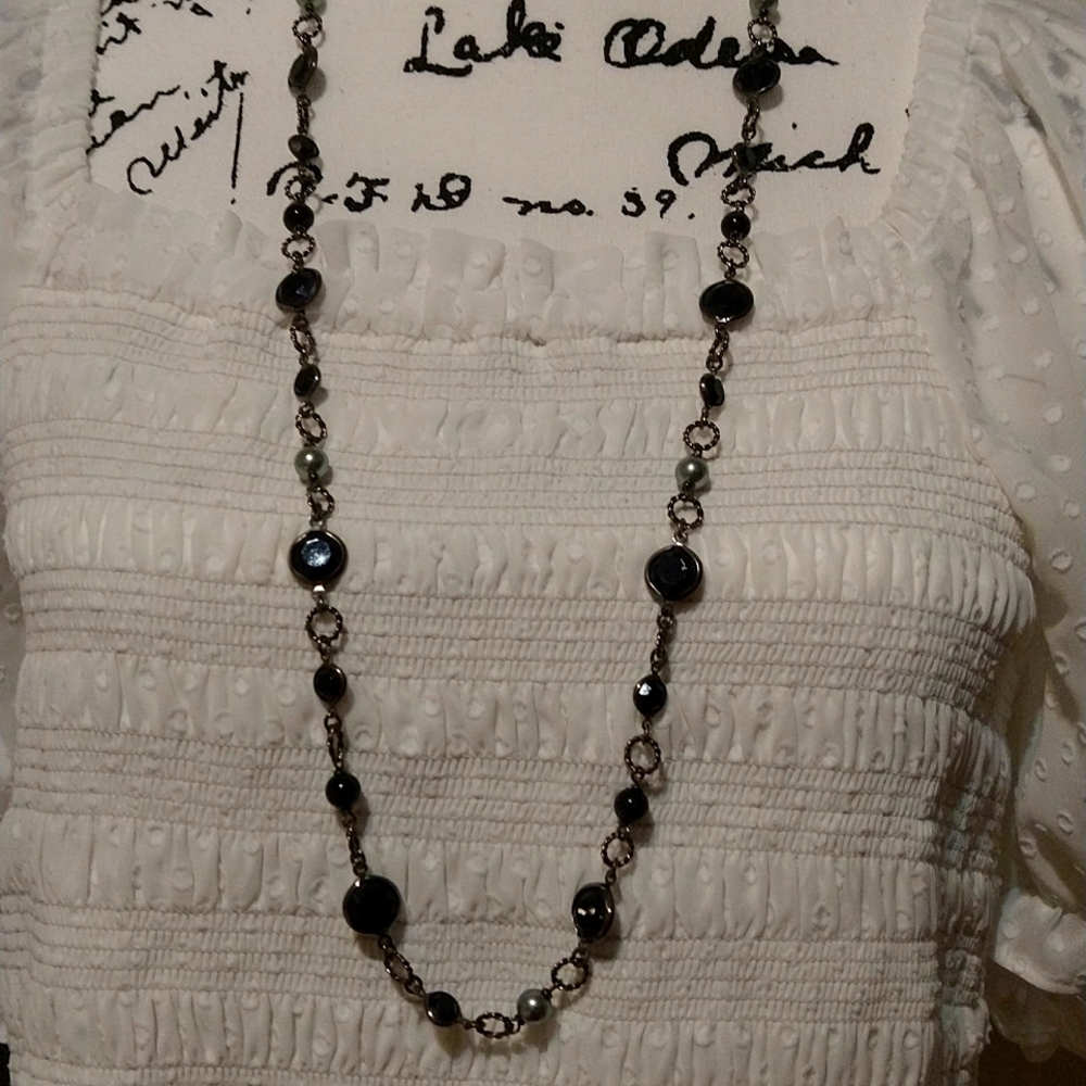 Liz Claiborne Gunmetal Silver Rings, Black Medallions, and Gray Pearl.